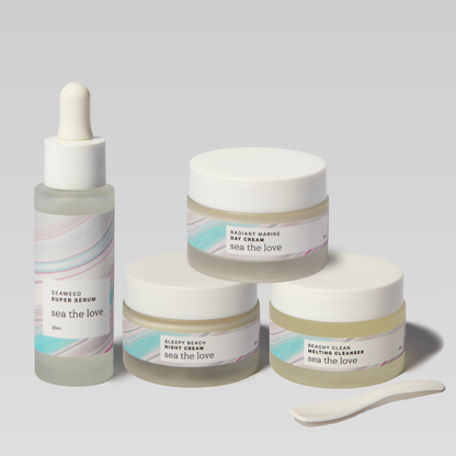 Ocean inspired skincare bundle with serum, day cream, night cream and cleanser